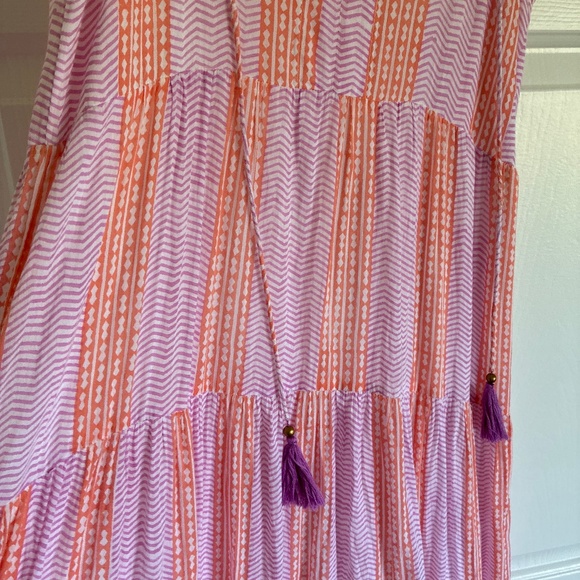 Oliphant coral pink and white block print tiered cotton tassle tie maxi dress S - Picture 6 of 13
